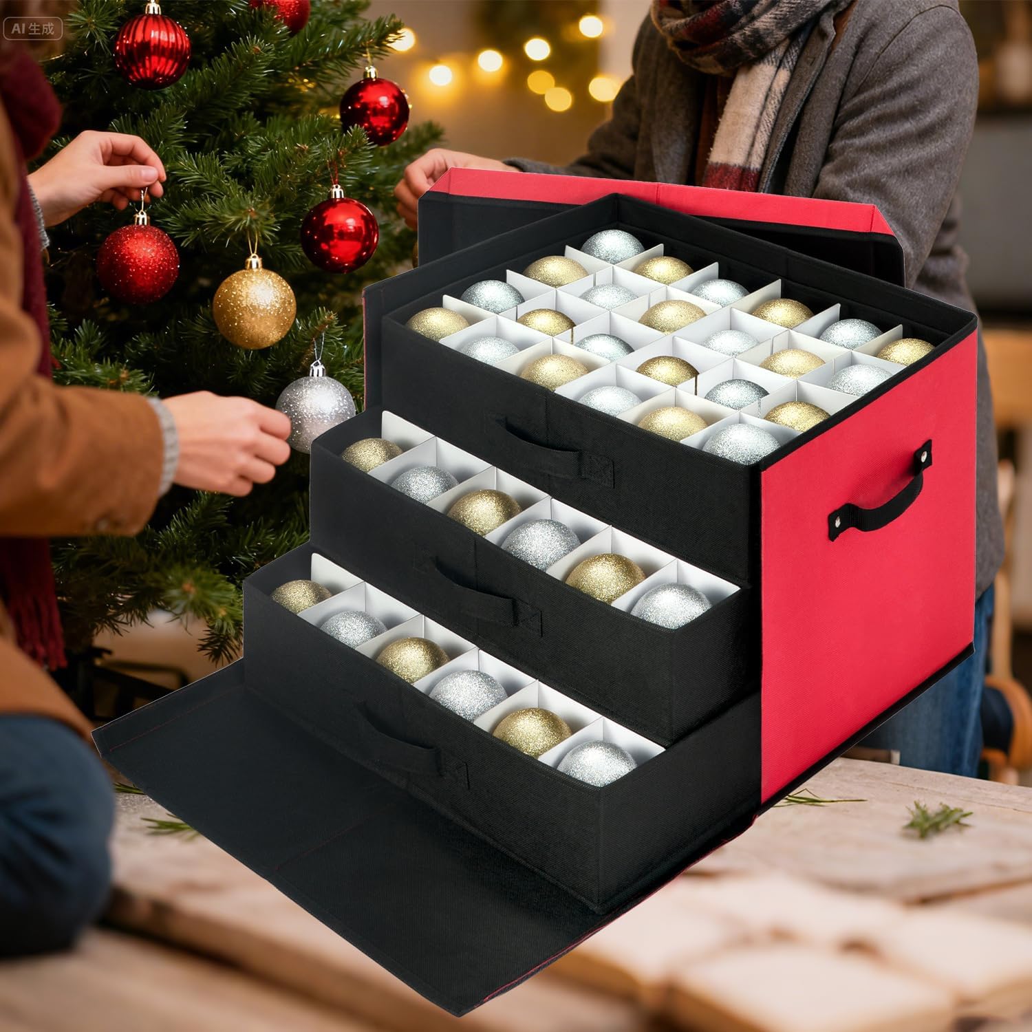 JY COOKMENT Christmas Ornament Storage Box with Adjustable Dividers. Large Holiday Ornaments Storage Container Bin with Lid for Xmas Decorations (72-3 Balls. Red. With Removable Tray) - Image 4