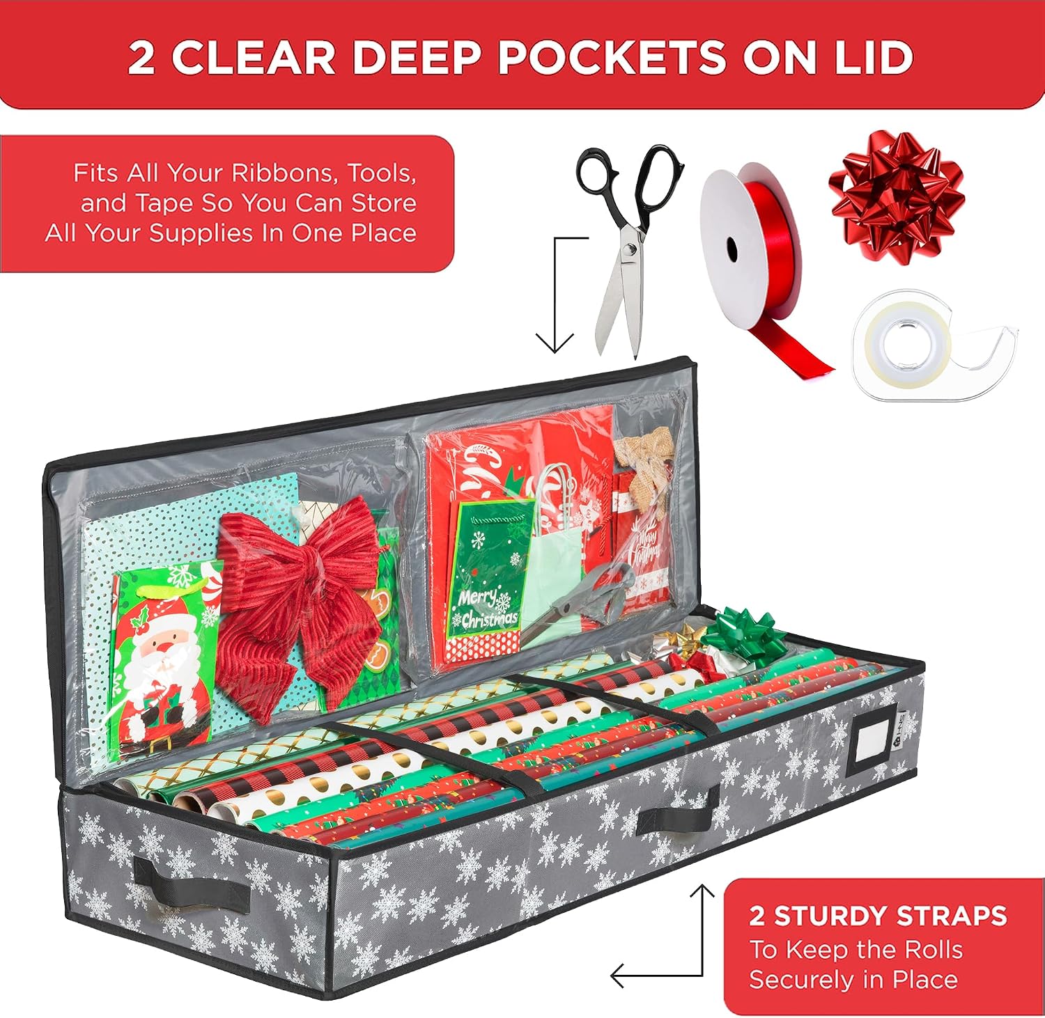 HOLDN' STORAGE Premium Wrapping Paper Storage Container - Durable 600D Tear-Proof. Fits 27 Rolls Gift Wrap. Extra Pockets for Ribbons & Bows. Underbed Storage - Ideal for Holiday Christmas. Grey/White Snowflakes - Image 4