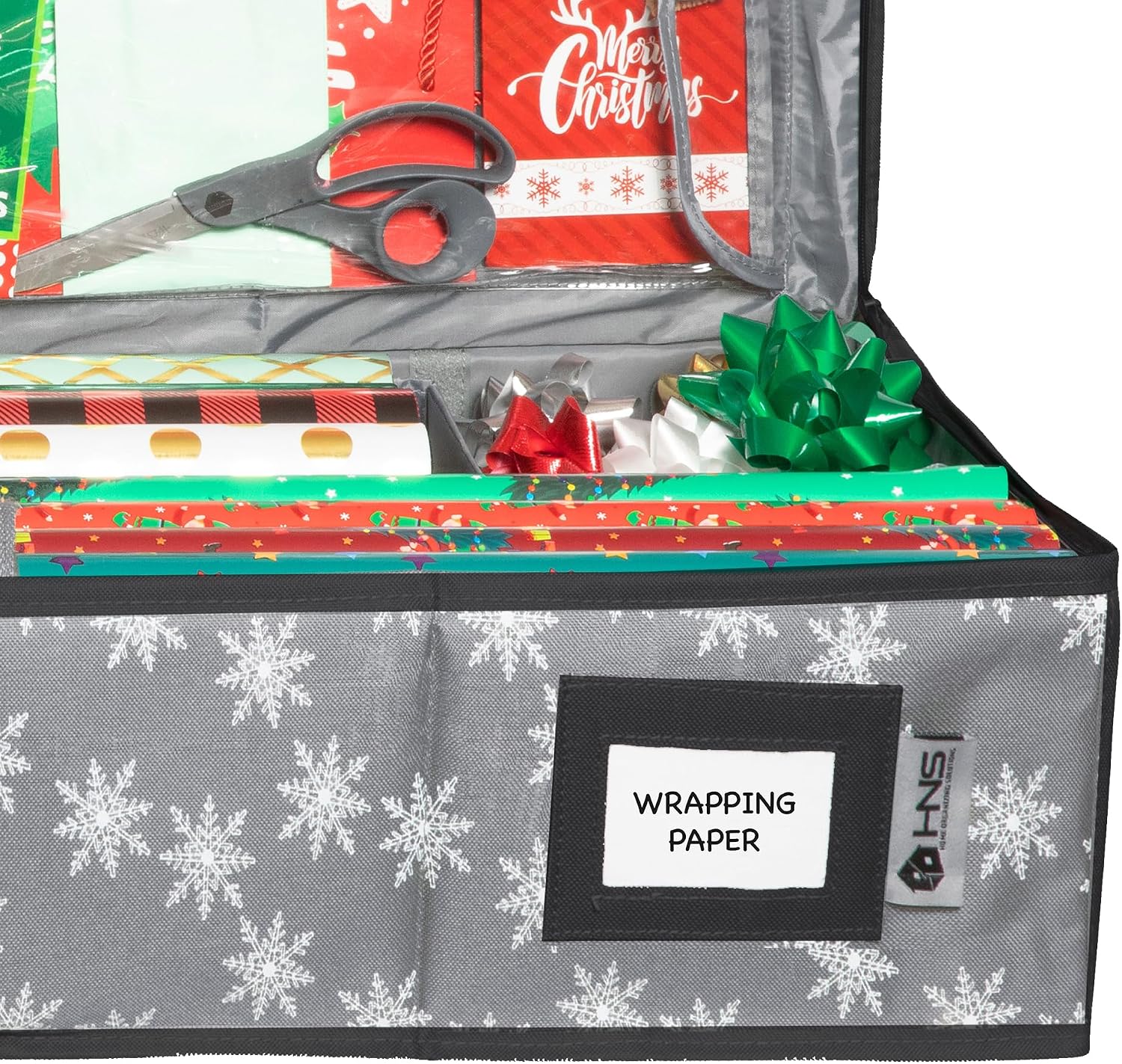 HOLDN' STORAGE Premium Wrapping Paper Storage Container - Durable 600D Tear-Proof. Fits 27 Rolls Gift Wrap. Extra Pockets for Ribbons & Bows. Underbed Storage - Ideal for Holiday Christmas. Grey/White Snowflakes - Image 8
