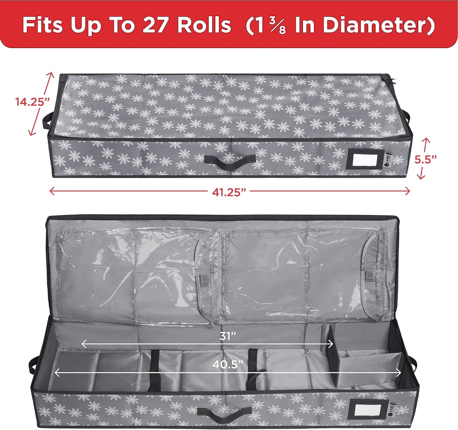 HOLDN' STORAGE Premium Wrapping Paper Storage Container - Durable 600D Tear-Proof. Fits 27 Rolls Gift Wrap. Extra Pockets for Ribbons & Bows. Underbed Storage - Ideal for Holiday Christmas. Grey/White Snowflakes - Image 3