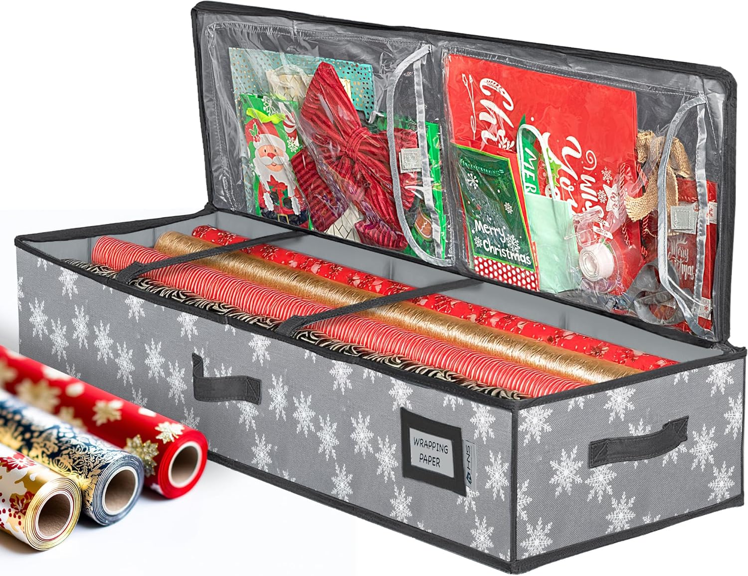 HOLDN' STORAGE Premium Wrapping Paper Storage Container - Durable 600D Tear-Proof. Fits 27 Rolls Gift Wrap. Extra Pockets for Ribbons & Bows. Underbed Storage - Ideal for Holiday Christmas. Grey/White Snowflakes